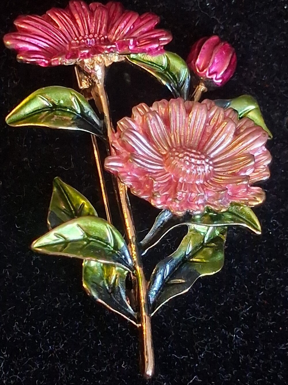 Vintage Goldtone Floral Brooch with Painted Pink Flowers And Green Leaves